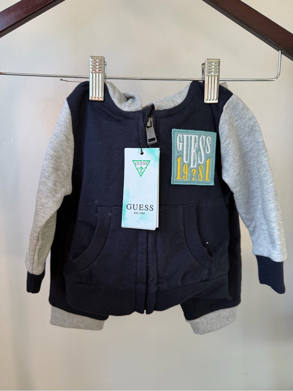 GUESS Navy & Gray Baby Zip Hoodie with Yellow Patch